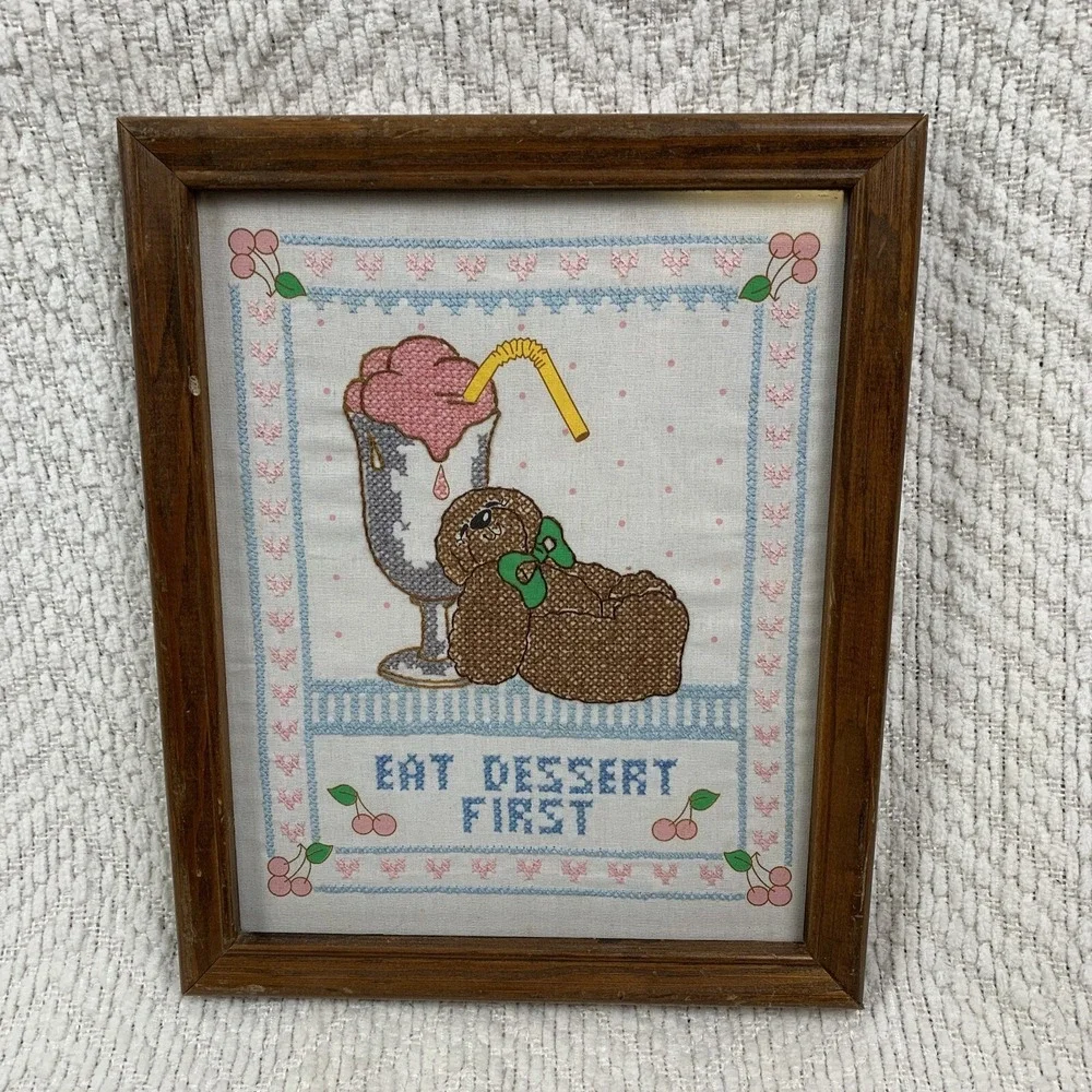 Vtg EAT DESSERT FIRST Completed CROSS STITCH Embroidery Bear Cafe Bakery Picture